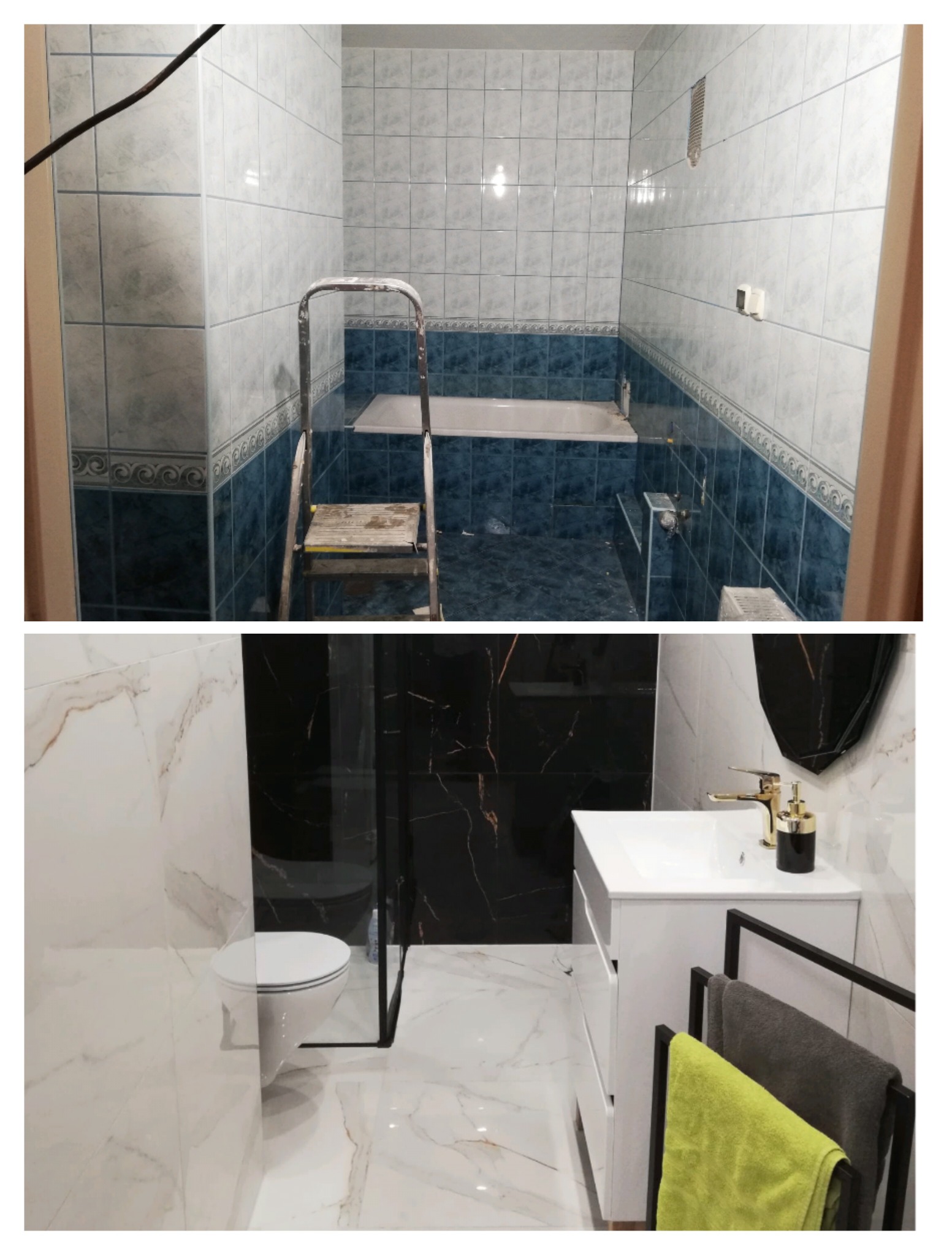 Dwa ujęcia łazienki: górne w trakcie remontu z drabinką i częściowo położonymi jasnymi płytkami z niebieskim pasem, dolne po remoncie z białymi płytkami imitującymi marmur, czarną ścianą z złotymi...
