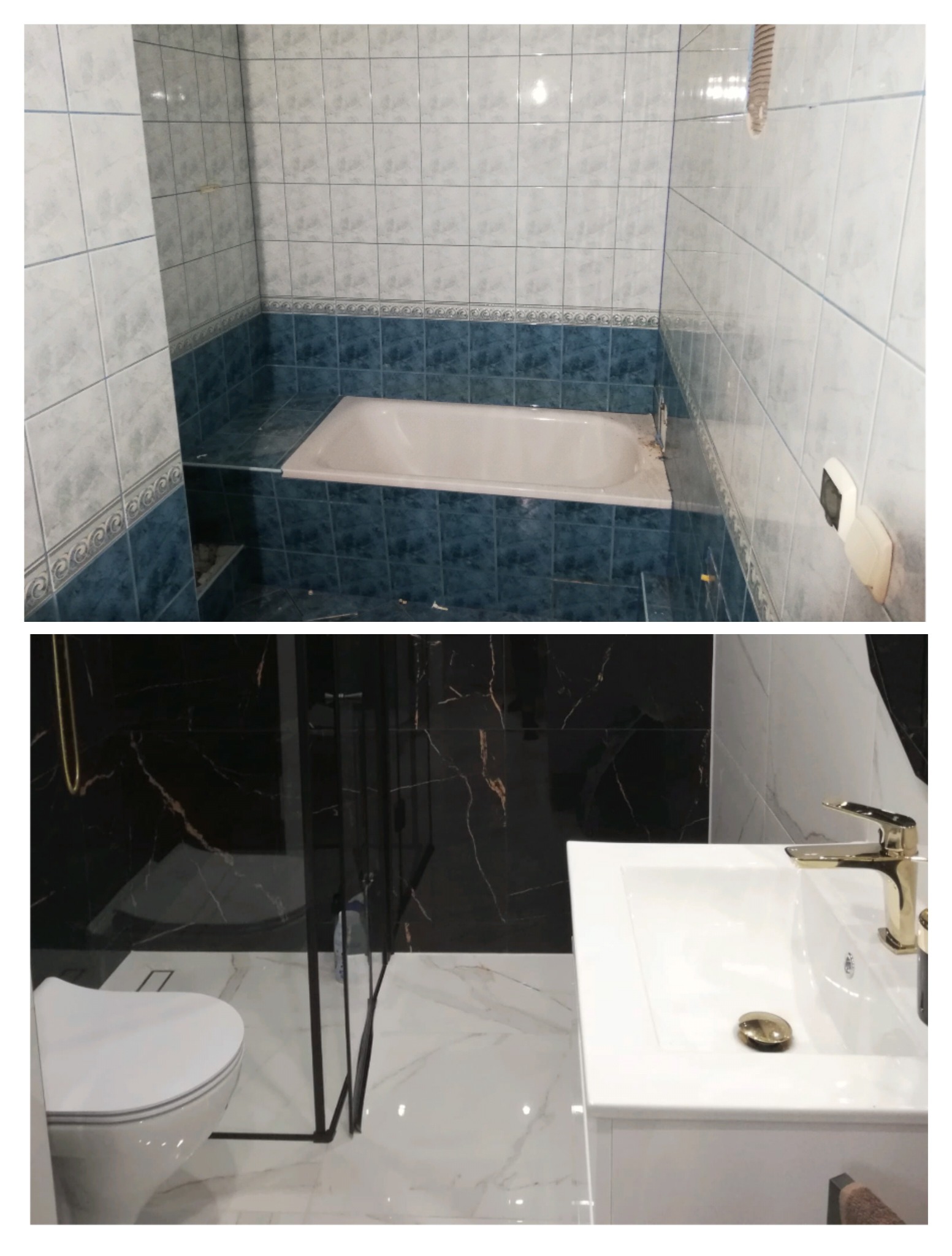 Dwie fazy remontu łazienki: górna część ukazuje przygotowanie do położenia płytek wokół wanny, dolna prezentuje nowoczesną łazienkę z czarnymi płytkami imitującymi marmur, białą umywalką z baterią...