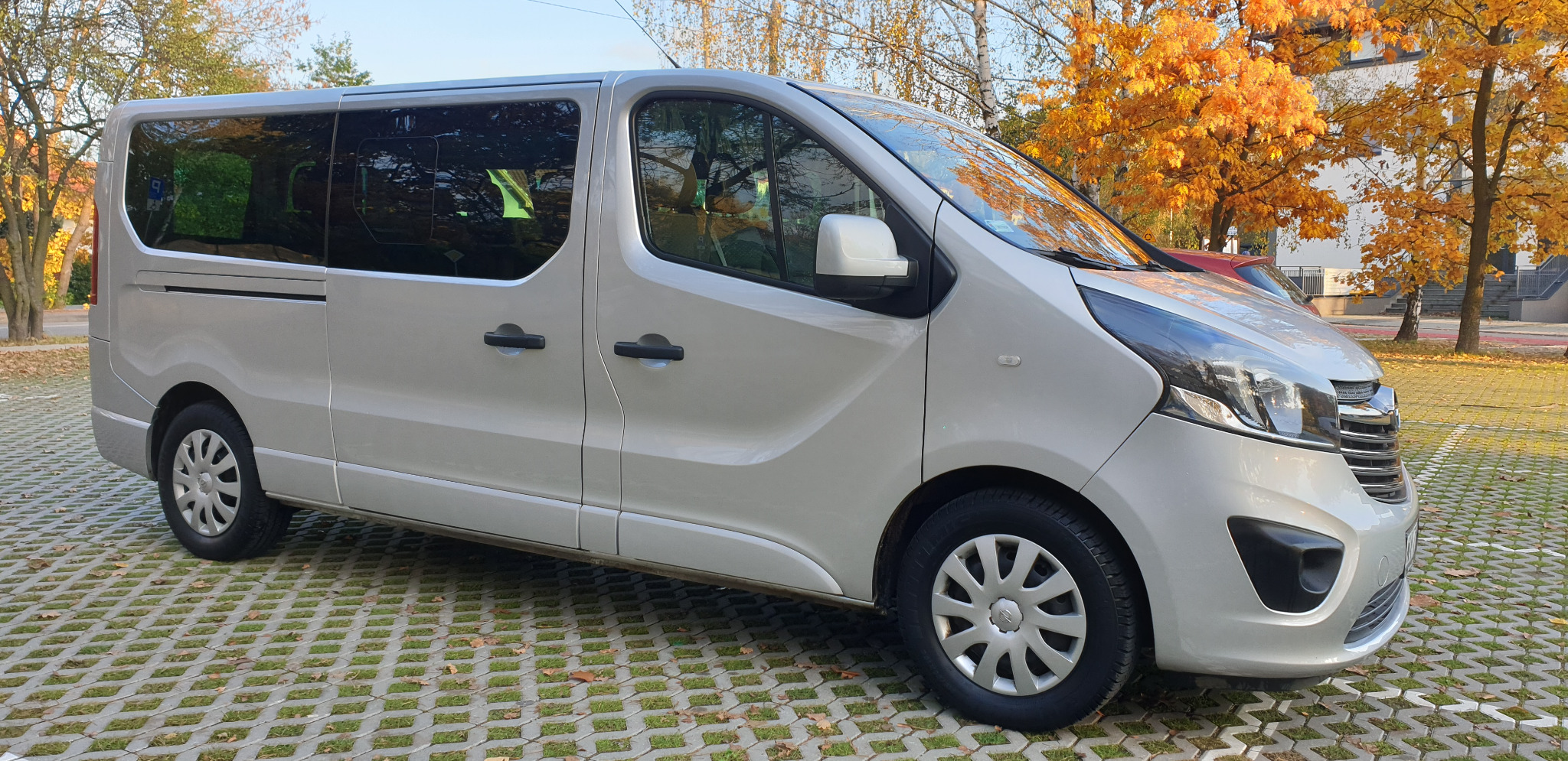 Srebrny van zaparkowany na ażurowej kostce brukowej z jesiennymi drzewami w tle.