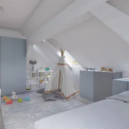 Wizualizacja pokoju dziecięcego na poddaszu z łóżkiem, biurkiem, szafą w odcieniach szarości i białym tipi z poduszkami w kształcie gwiazd na dywanie.