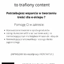 Oferta tworzenia treści dla e-commerce, w tym opisów produktów i obsługi klienta w języku niemieckim, z logo firmy Services for Fashion i danymi kontaktowymi.