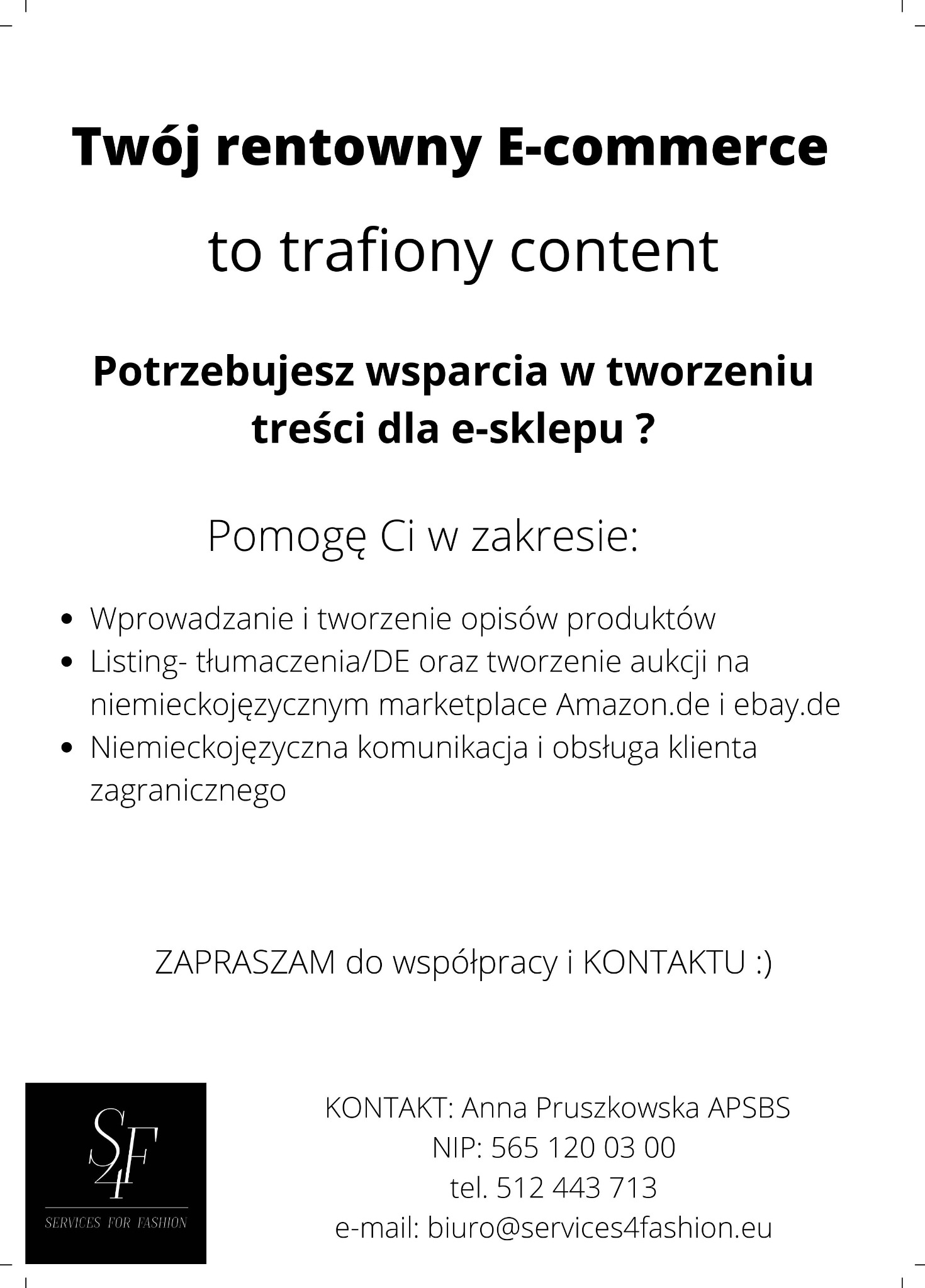 Oferta tworzenia treści dla e-commerce, w tym opisów produktów i obsługi klienta w języku niemieckim, z logo firmy Services for Fashion i danymi kontaktowymi.