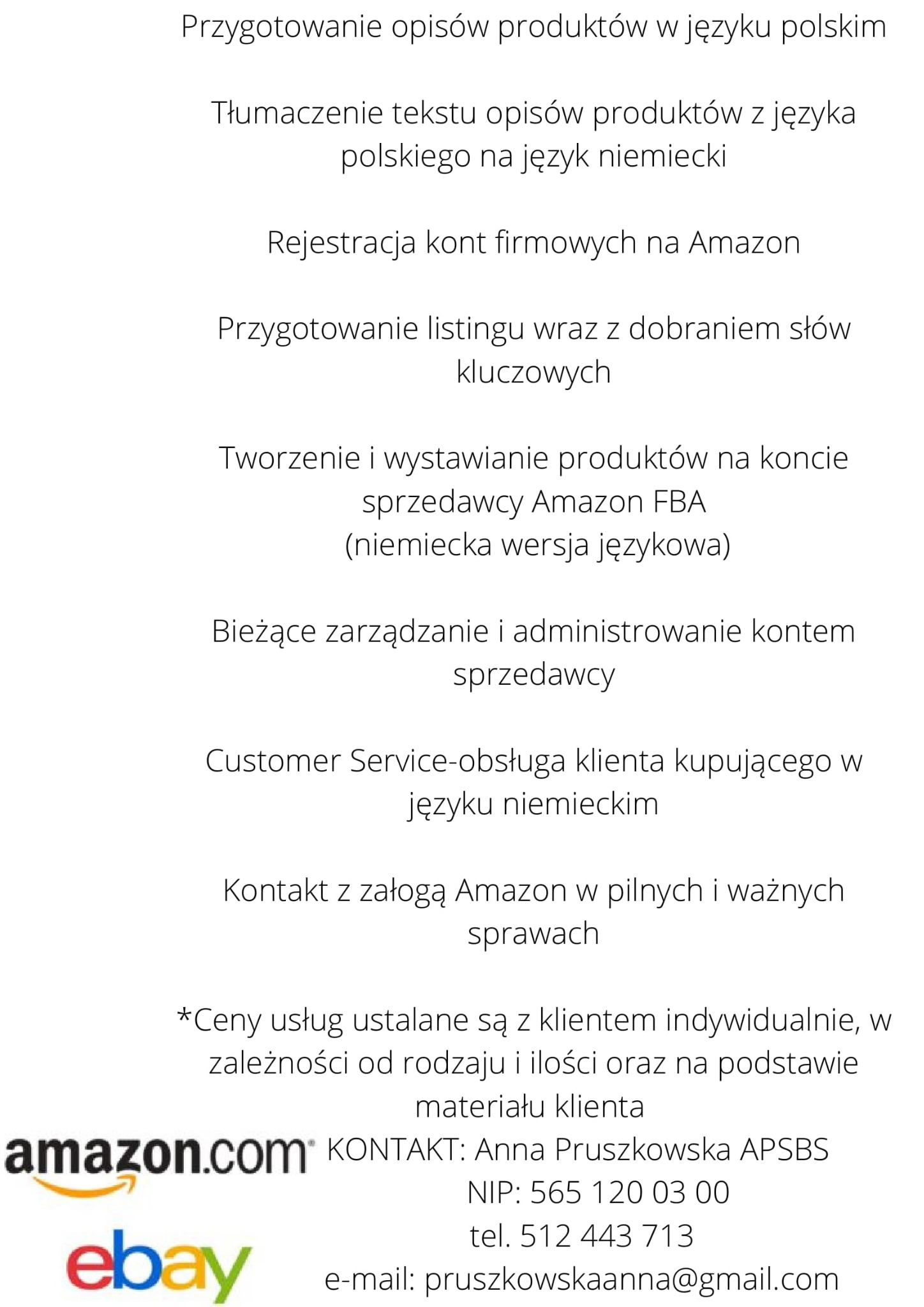 Lista usług związanych z Amazon i eBay, w tym tłumaczenie opisów produktów na język niemiecki, oferowanych w Warszawie, wraz z logo platform.
