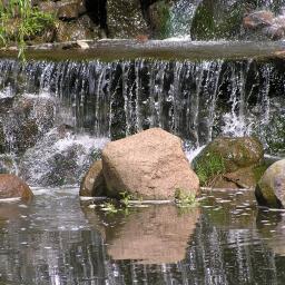 Krzysztof Bogucki usługi ogrodnicze - Kaskada wodna z kamieni w ogrodzie, z roślinnością zwisającą od góry, odbicie kamieni w wodzie.