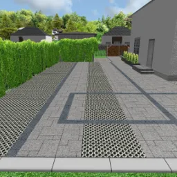 Wizualizacja projektu podjazdu z ażurowymi płytami, obrzeżami z kostki brukowej i żywopłotem z grabu w tle.