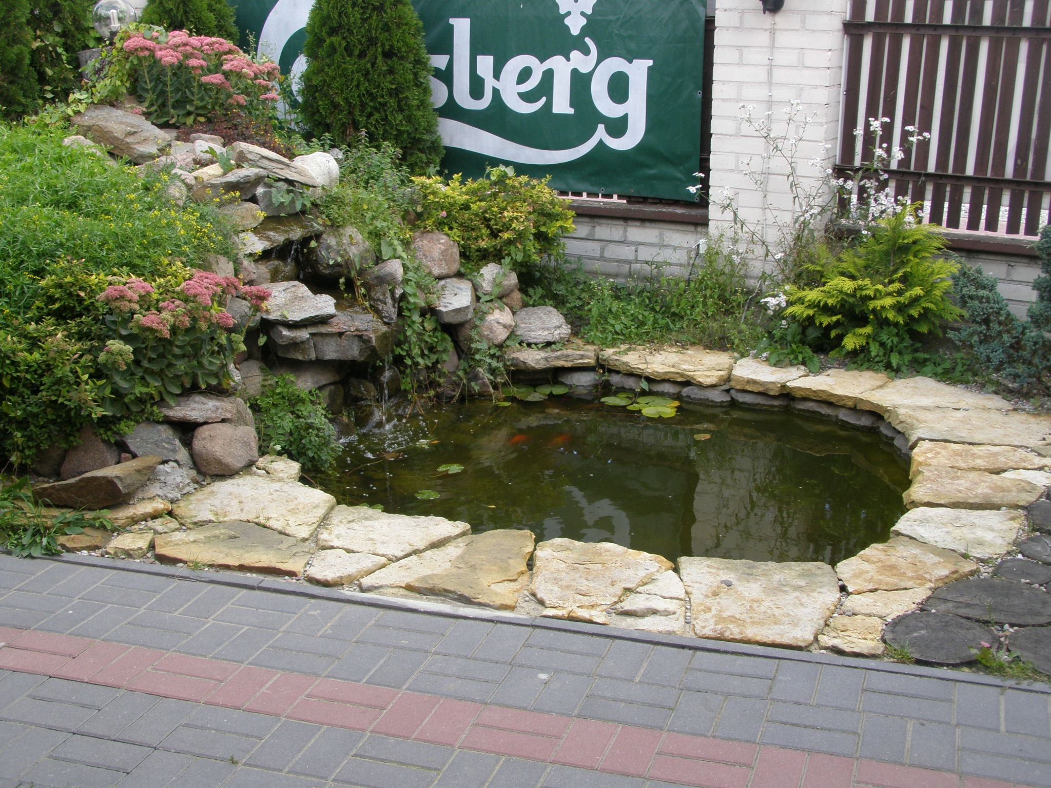 Oczko wodne z kaskadą wodną obłożone kamieniami, otoczone roślinnością ozdobną i wykończone brukowaną ścieżką, w tle widoczny baner reklamowy.