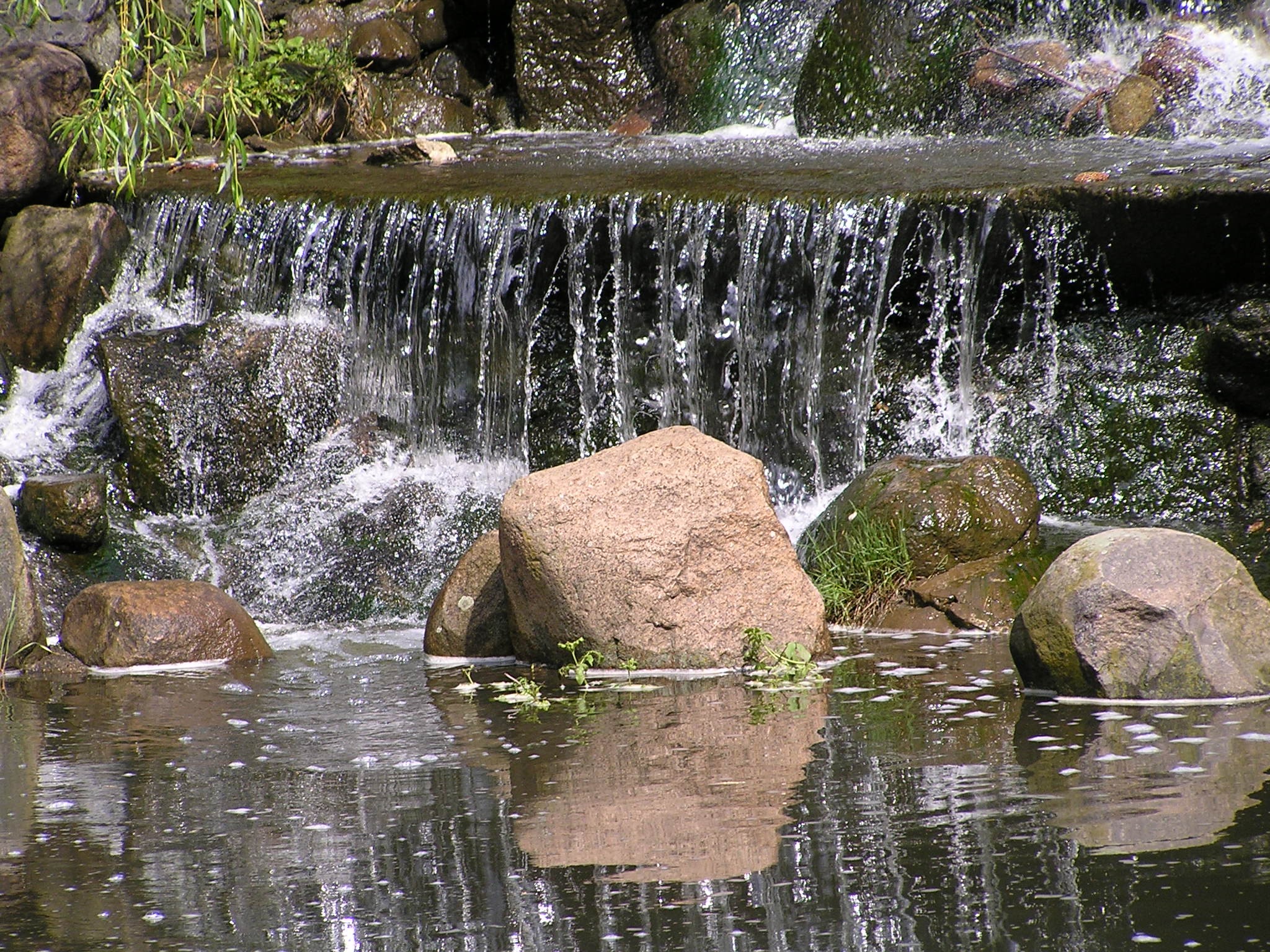 Kaskada wodna z kamieni w ogrodzie, z roślinnością zwisającą od góry, odbicie kamieni w wodzie.