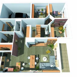 Rzut 3D parteru domu jednorodzinnego z garażem, salonem z jadalnią, kuchnią, łazienką i schodami, widok z góry, styl nowoczesny, logo architektoniczne w prawym górnym rogu.