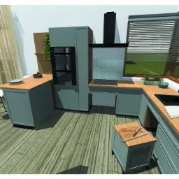 Wizualizacja kuchni z szarymi szafkami, drewnianymi blatami, czarnym okapem i drewnianą podłogą, widok z góry, zlew z białą ścierką, bagietka na desce.