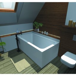 Jagoda Lotz Architektura - Wizualizacja łazienki na poddaszu z drewnianymi panelami, białą wanną, toaletą wiszącą i oknem dachowym, uzupełniona roślinami i świecami, przedstawiająca nowoczesny projekt.