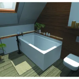 Wizualizacja łazienki na poddaszu z drewnianymi panelami, białą wanną, toaletą wiszącą i oknem dachowym, uzupełniona roślinami i świecami, przedstawiająca nowoczesny projekt.