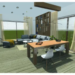 Wizualizacja przestronnego salonu z drewnianą podłogą, szarą sofą narożną, drewnianym regałem i stołem jadalnym z białymi krzesłami, oświetlonego naturalnym światłem przez duże okna z żaluzjami...