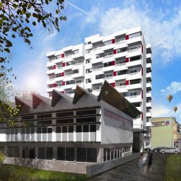 Jagoda Lotz Architektura - Wizualizacja budynku usługowego z adaptacją na mieszkalny wielorodzinny, widok z poziomu gruntu, z elementami otoczenia miejskiego i zieleni. W tle widoczne balony na ogrzane powietrze.