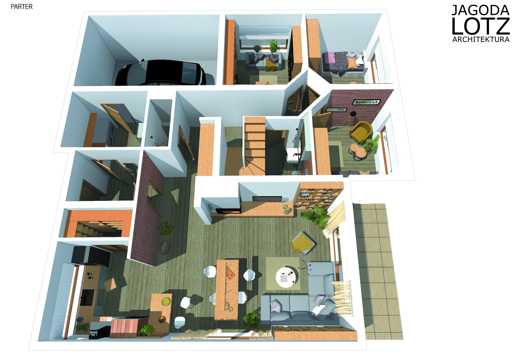 Rzut 3D parteru domu jednorodzinnego z garażem, salonem z jadalnią, kuchnią, łazienką i schodami, widok z góry, styl nowoczesny, logo architektoniczne w prawym górnym rogu.