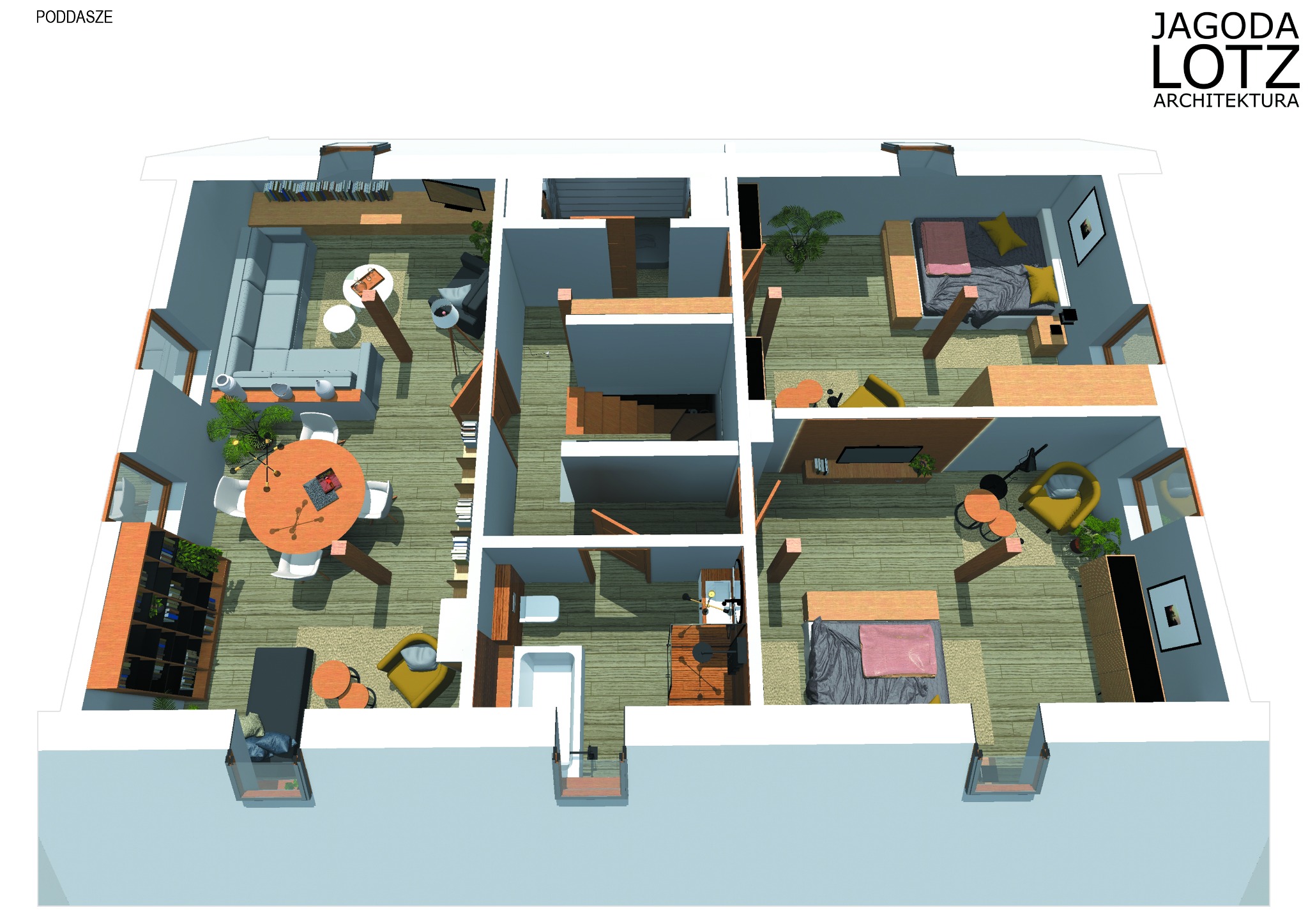 Rzut z góry na wizualizację poddasza z dwoma sypialniami, salonem z narożnikiem i okrągłym stołem, schodami, łazienką i logo firmy architektonicznej w prawym górnym rogu.