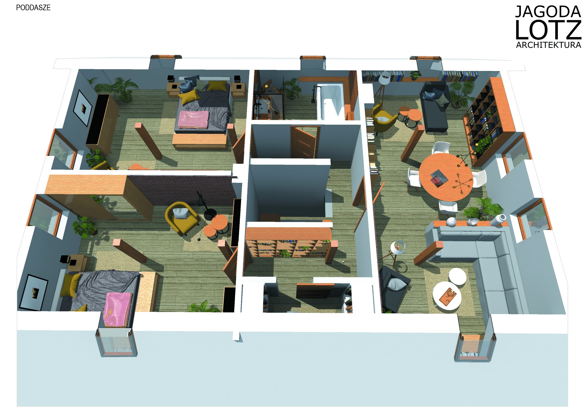 Rzut z góry na wizualizację poddasza z dwoma sypialniami, łazienką i salonem z jadalnią, w neutralnej kolorystyce z drewnianymi akcentami i roślinami doniczkowymi, z logo architekta w prawym górnym...