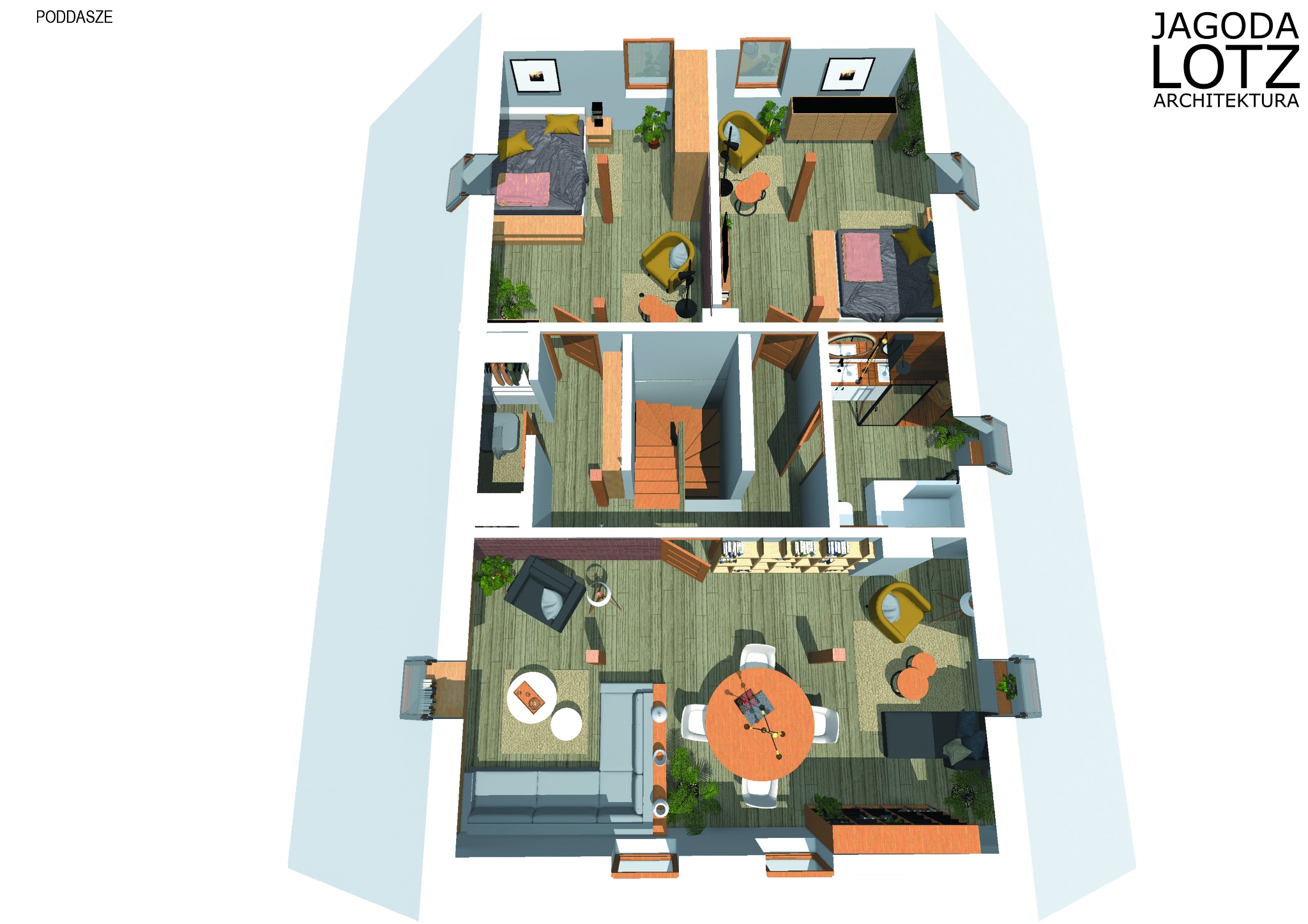 Rzut z góry poddasza z dwoma sypialniami, salonem z jadalnią i schodami, wizualizacja 3D z logo architekta.