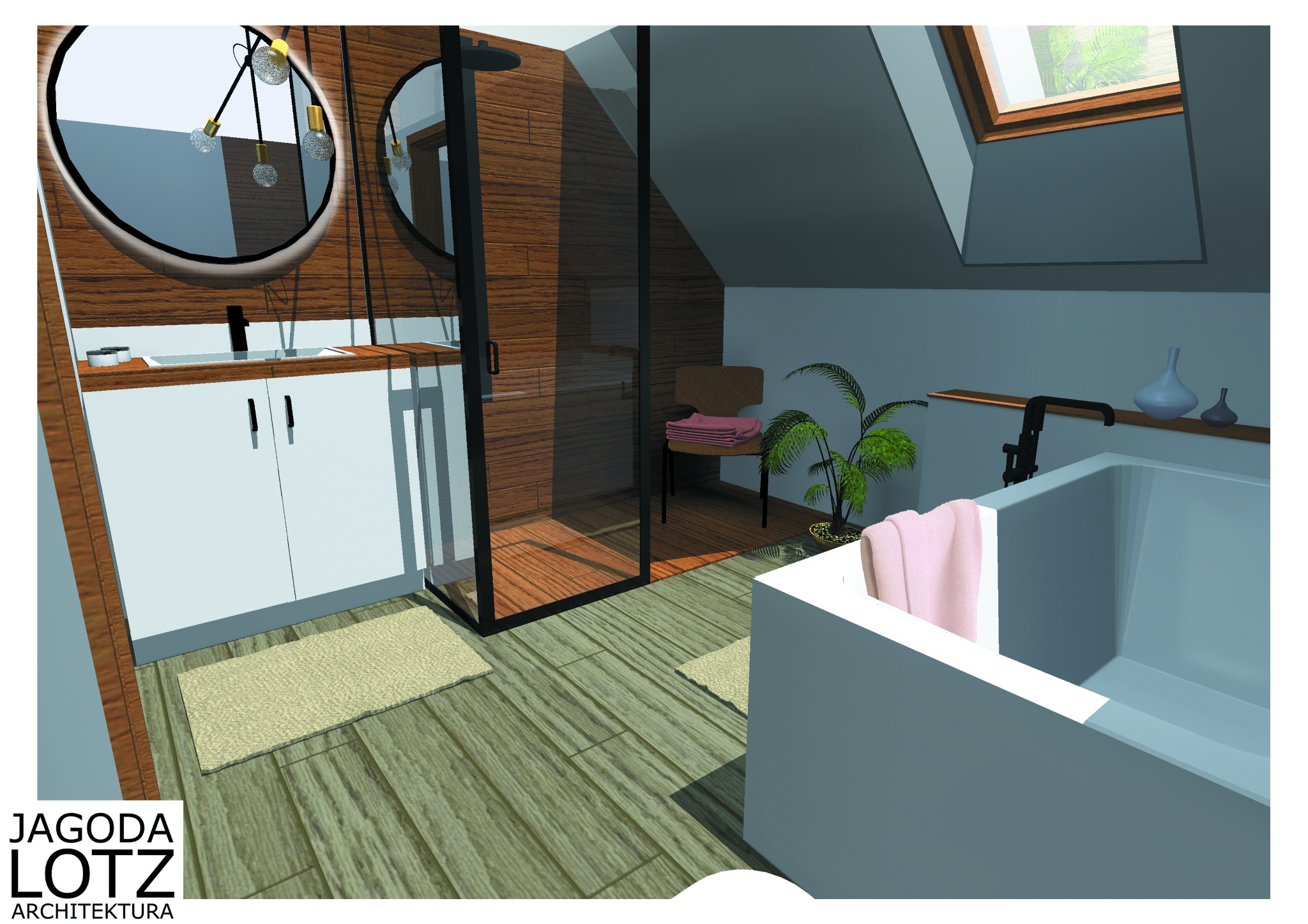 Wizualizacja łazienki na poddaszu z drewnianymi akcentami: kabina prysznicowa z drewnianą ścianą, umywalka z okrągłym lustrem i lampami, wanna z czarną armaturą, drewniana podłoga i dywaniki...