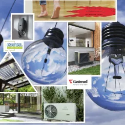 Kompozycja zdjęć prezentująca odnawialne źródła energii i ogrzewanie: panele fotowoltaiczne pod zadaszeniem, stopa na ogrzewaniu podłogowym, pompa ciepła przy domu z zielenią, stacja ładowania...