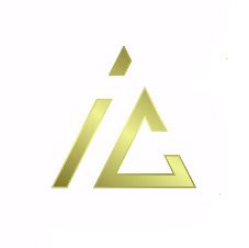 Złote logo firmy w formie abstrakcyjnego monogramu na białym tle.