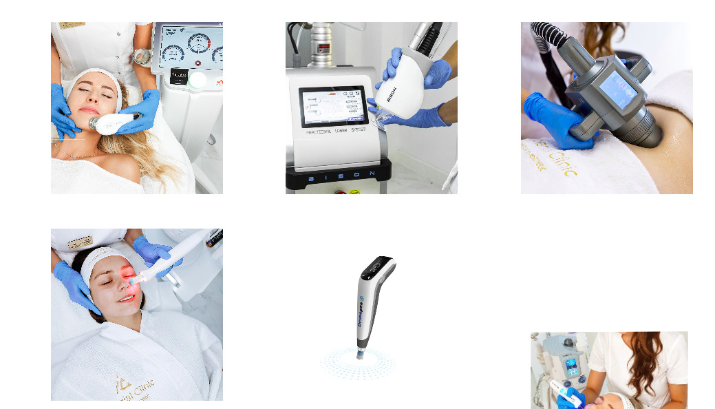 Kompozycja zdjęć prezentujących różne urządzenia i zabiegi: laser frakcyjny na twarz, urządzenie do modelowania sylwetki na brzuch, urządzenie do mikronakłuwania skóry z niebieską poświatą...