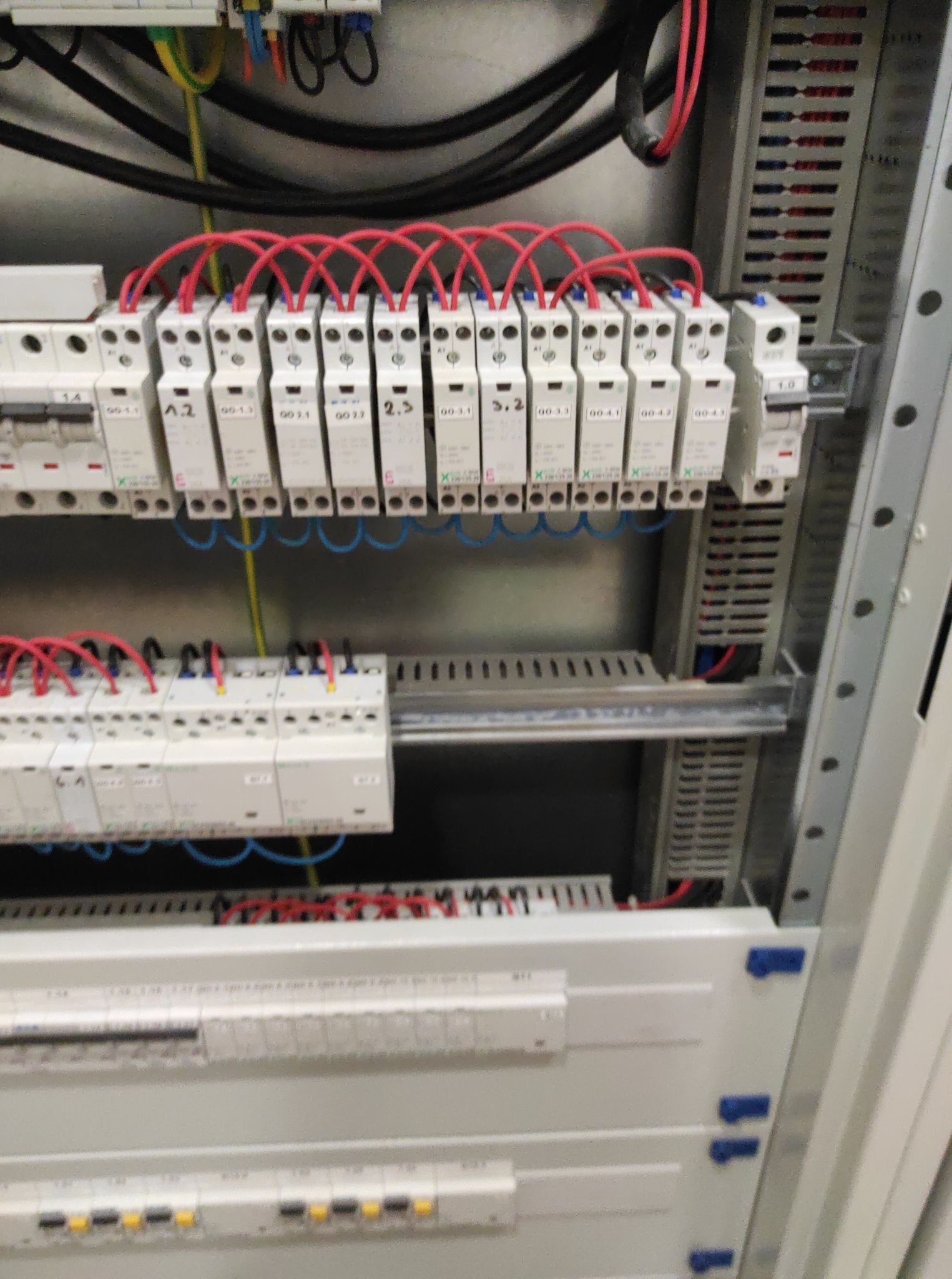 Rozdzielnica elektryczna z widocznymi bezpiecznikami, przewodami w kolorach czerwonym, niebieskim i żółto-zielonym oraz modułami zabezpieczającymi, zamontowana w metalowej obudowie.