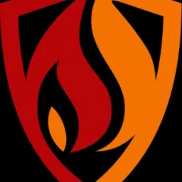 Stylizowane logo: czerwono-pomarańczowy płomień w kształcie litery S, zamknięty w geometrycznej tarczy na czarnym tle.