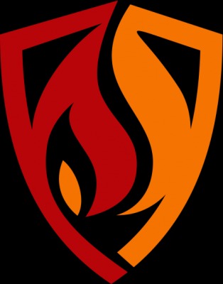 Stylizowane logo: czerwono-pomarańczowy płomień w kształcie litery S, zamknięty w geometrycznej tarczy na czarnym tle.