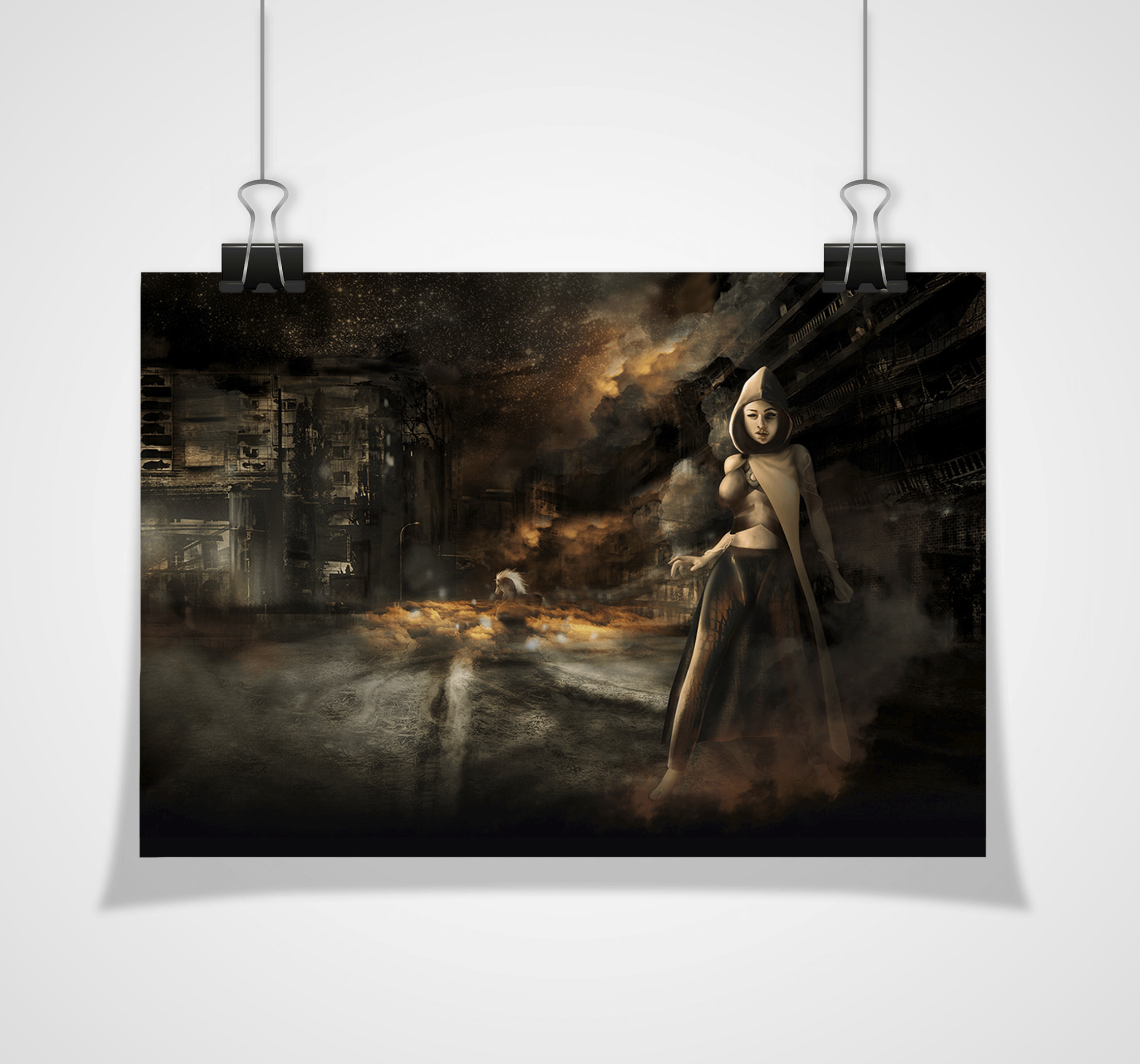 Concept art: Postapokaliptyczna scena z kobiecą postacią w kapturze na tle zrujnowanego miasta, utrzymana w ciemnej, stonowanej kolorystyce z akcentami złotego światła.