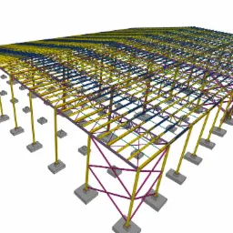 Wizualizacja 3D projektu hali o konstrukcji stalowej z widocznymi słupami, fundamentami i kratownicami dachu, przedstawiona w perspektywie z góry.