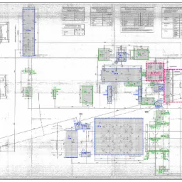 Skan schematu lokalizacyjnego z planem fundamentów blokowych i żelbetowych, wraz z legendą i tabelami technicznymi, przedstawiający posadowienie urządzeń i elementów wytwórni.