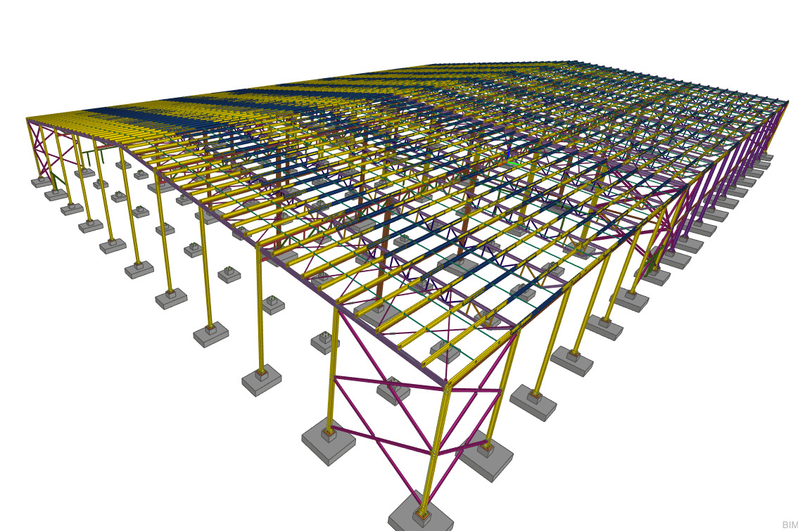 Wizualizacja 3D projektu hali o konstrukcji stalowej z widocznymi słupami, fundamentami i kratownicami dachu, przedstawiona w perspektywie z góry.