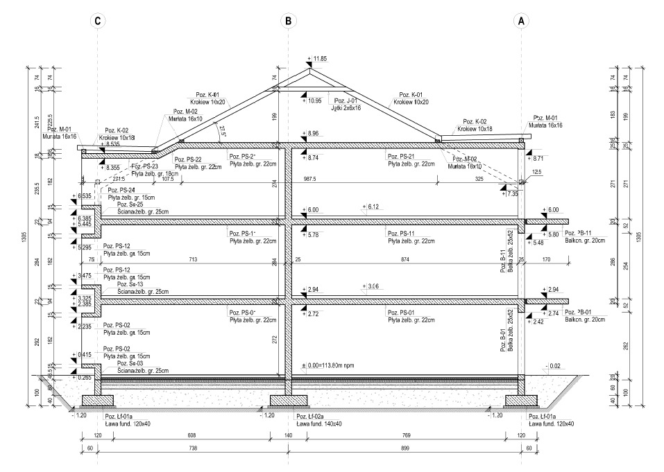 Przekrój pionowy budynku wielokondygnacyjnego z zaznaczonymi wymiarami, elementami konstrukcyjnymi (stropy żelbetowe, ściany, fundamenty, więźba dachowa) i materiałami.