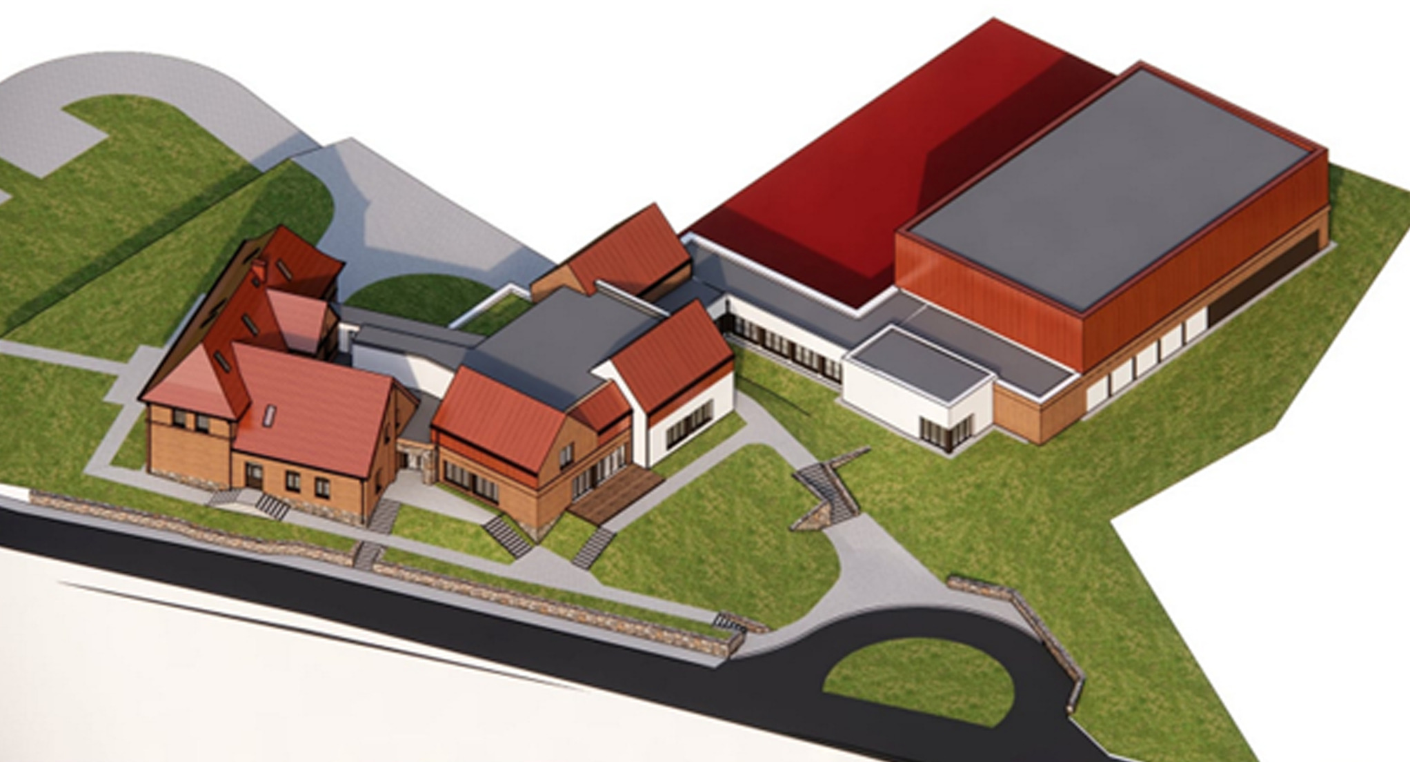 Wizualizacja 3D rozbudowy szkoły z halą sportową, ukazująca bryłę budynku z czerwonymi dachami i szarą halą sportową z boku, otoczoną zielonym terenem i drogą dojazdową.