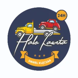 Ilustracja logo firmy z Osieka świadczącej usługi transportu drogowego, przedstawiająca żółtą lawetę przewożącą czerwony samochód osobowy na tle granatowego koła z napisem 'Halo Laweta'...