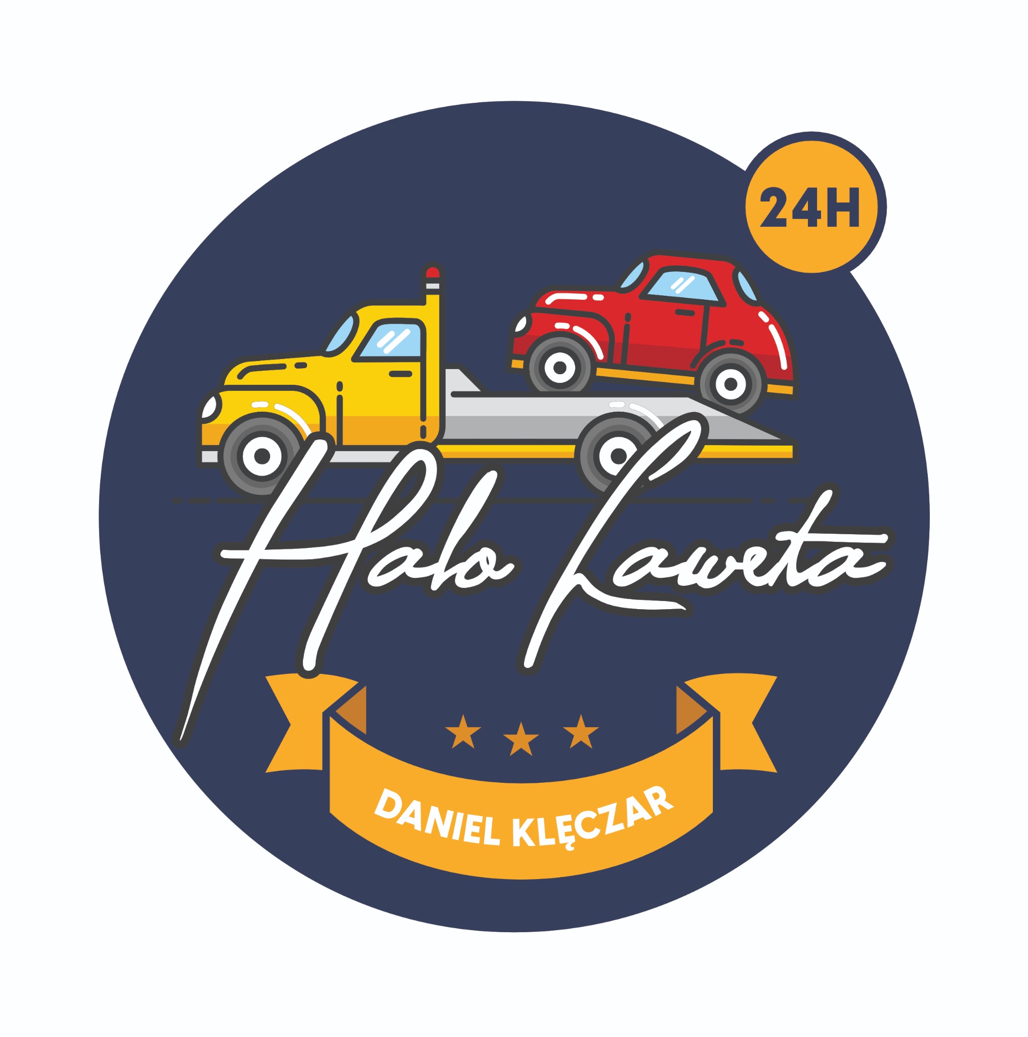 Ilustracja logo firmy z Osieka świadczącej usługi transportu drogowego, przedstawiająca żółtą lawetę przewożącą czerwony samochód osobowy na tle granatowego koła z napisem 'Halo Laweta'...