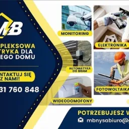 Grafika reklamowa firmy elektrycznej oferującej kompleksowe usługi dla domu, w tym monitoring, elektronikę, automatykę do bram, wideodomofony, systemy alarmowe i instalacje fotowoltaiczne. Widoczne...