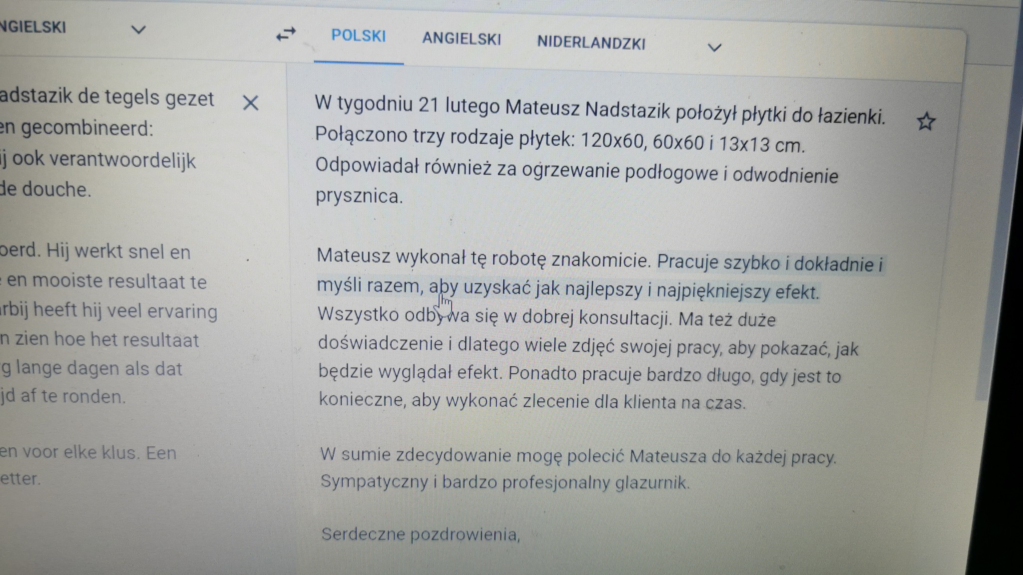 Tekst rekomendacji glazurnika Mateusza Nadstazika, w którym opisano jego profesjonalizm, dokładność i dbałość o efekt, wspomniano o układaniu płytek w łazience o różnych wymiarach (120x60, 60x60...