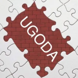 Niedokończone puzzle z białymi elementami na obrzeżach i centralnym obszarem z cegieł, na którym widnieje biały napis 'UGODA'.