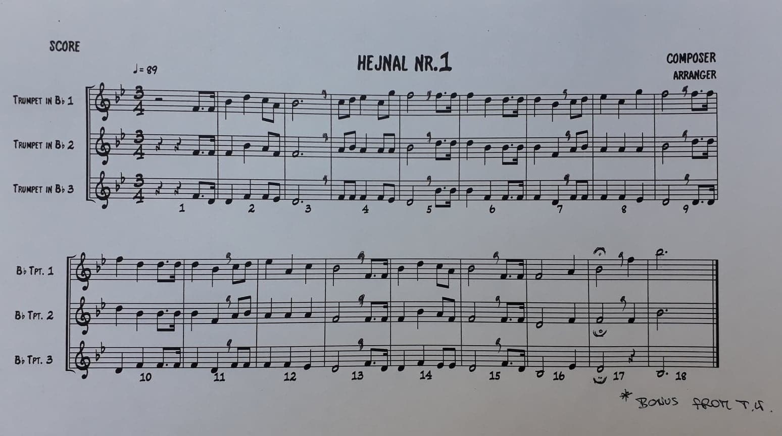 Partytura utworu Hejnał nr 1 dla trzech trąbek w B-dur, z ręcznie dopisaną adnotacją 'Bonus from T.S.' na dole strony.