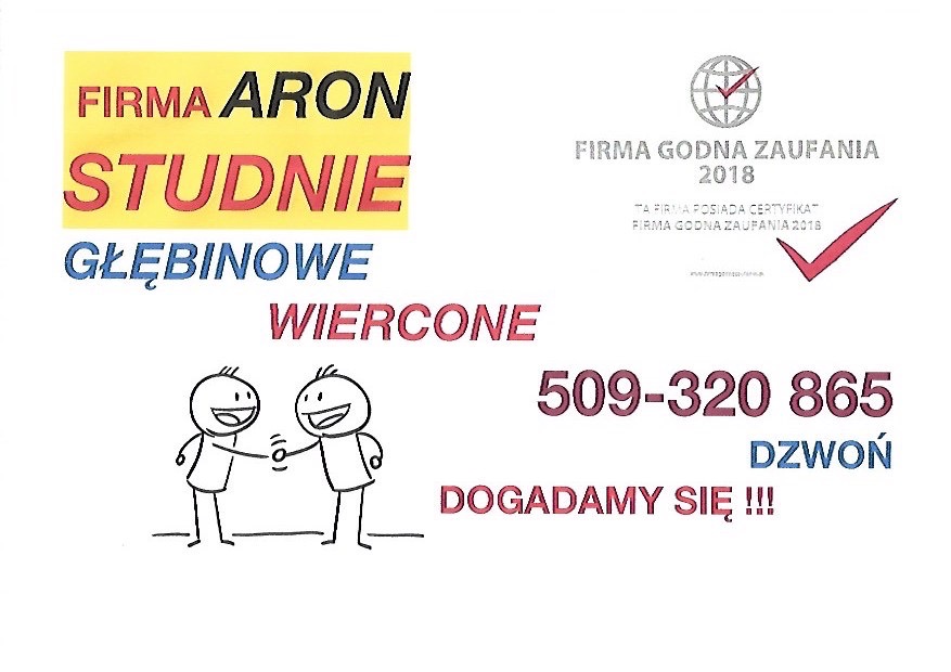 Ogłoszenie firmy zajmującej się wierceniem studni głębinowych z numerem telefonu i certyfikatem 'Firma Godna Zaufania'.