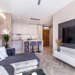 DIM BUD - Nowoczesne wnętrze mieszkania z otwartą kuchnią, szarą sofą z poduszką z motywem twarzy, parkietem w jodełkę i telewizorem z marmurową ramą.