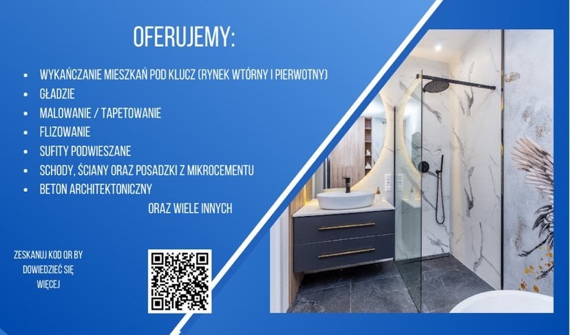 Reklama usług wykończeniowych z wizualizacją łazienki: umywalka nablatowa na szafce z szufladami, kabina prysznicowa typu walk-in z czarną armaturą, ściany wykończone płytami imitującymi marmur...