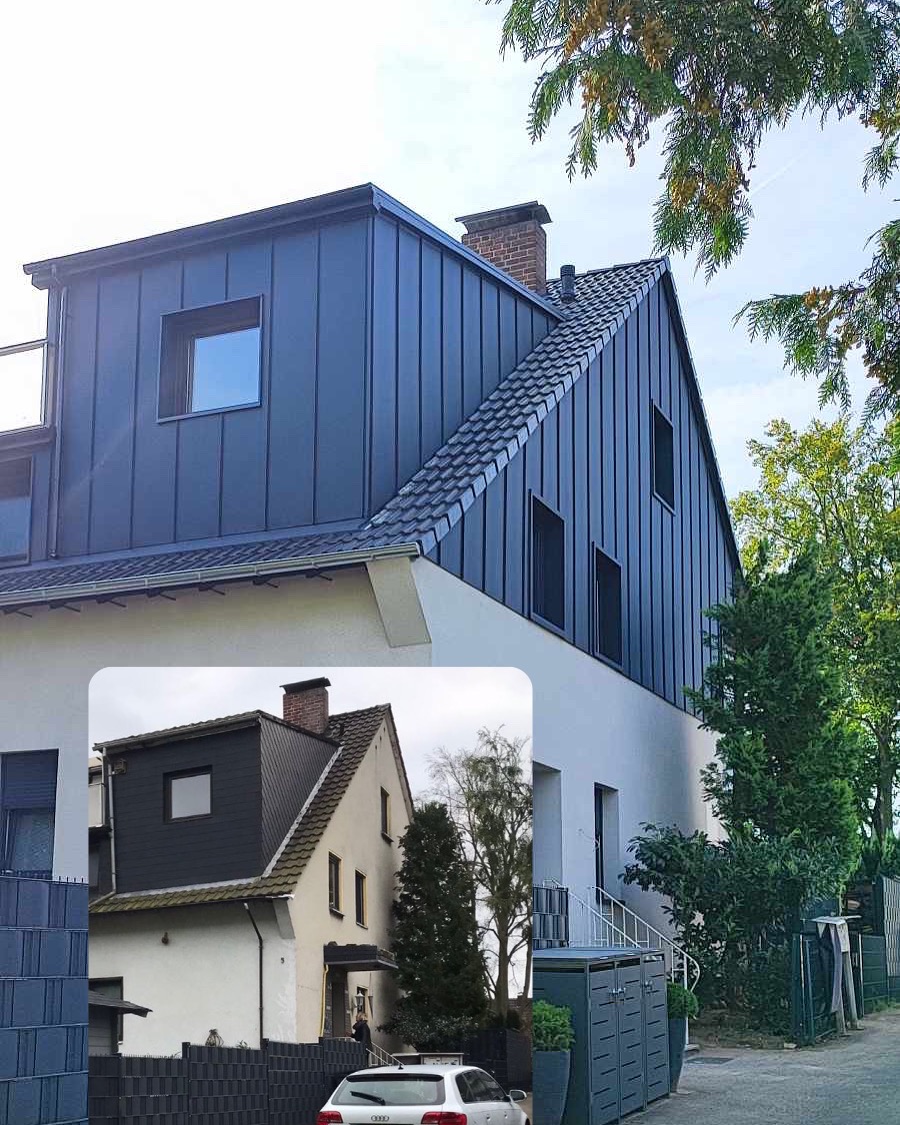 Dom z nowym, ciemnoszarym dachem z blachy na dobudówce i klasyczną dachówką na pozostałej części, z widocznym fragmentem elewacji po remoncie i zdjęciem 'przed' w rogu.