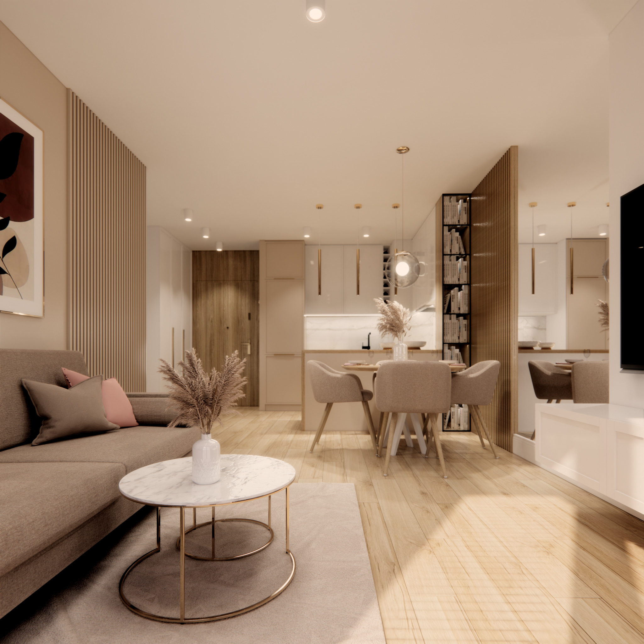 Beżowe wnętrze mieszkania z sofą, marmurowym stolikiem kawowym, okrągłym stołem jadalnym i otwartą kuchnią w tle, oświetlone punktowymi lampami sufitowymi i wiszącymi lampami nad stołem.