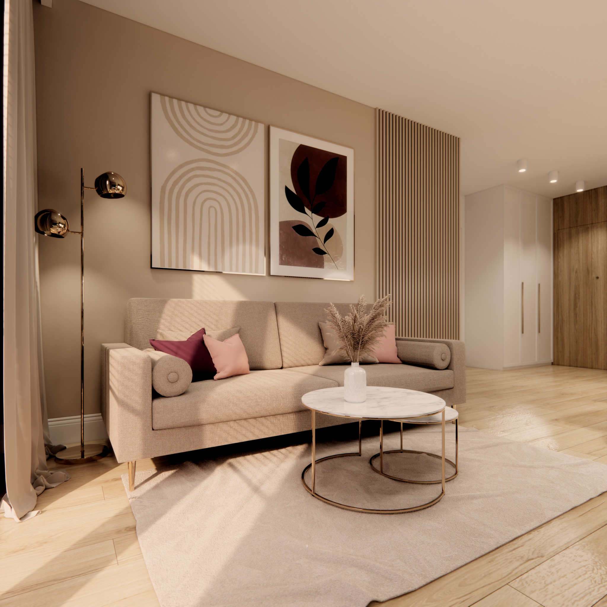 Beżowa sofa z dekoracyjnymi poduszkami i stolikami kawowymi na puszystym dywanie, uzupełniona złotą lampą podłogową i abstrakcyjnymi obrazami na ścianie.
