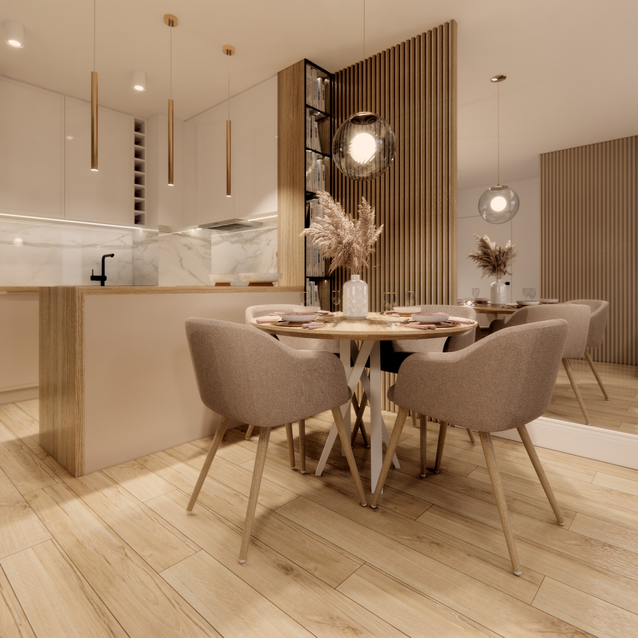 Jasna jadalnia z okrągłym stołem na białej nodze, otoczona beżowymi krzesłami z drewnianymi nogami, widok na kuchnię z białymi szafkami i marmurowym blatem, dekoracyjny panel z drewnianych listew...
