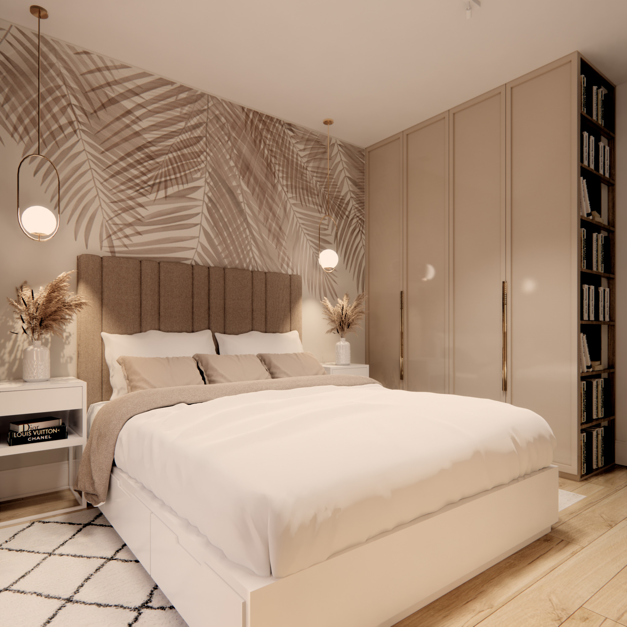 Nowoczesna sypialnia w Radomsku z łóżkiem kontynentalnym, beżową tapetą w motywy liści palmowych, złotymi lampami wiszącymi i minimalistyczną szafą w zabudowie.