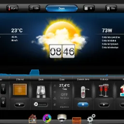 Interfejs użytkownika systemu zarządzania domem na ekranie tabletu, prezentujący temperaturę, wilgotność, zużycie energii oraz opcje sterowania oświetleniem, bramą garażową, alarmem i wentylacją.