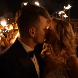 Pocałunek pary młodej otoczonej gośćmi z zimnymi ogniami podczas wesela, ujęcie z bliska.